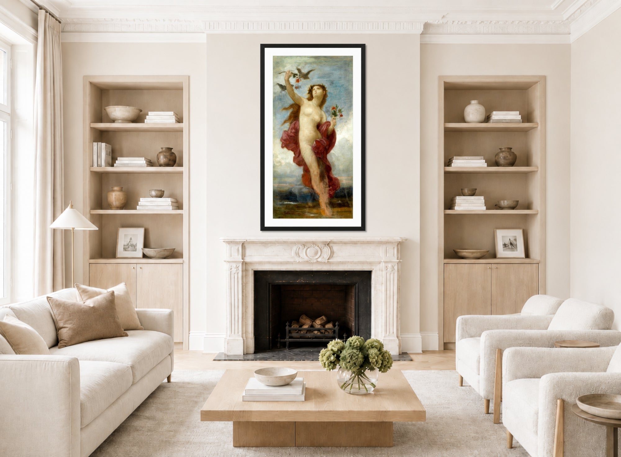 William-Adolphe Bouguereau Print, Study for le jour displayed in a Scandinavian living room