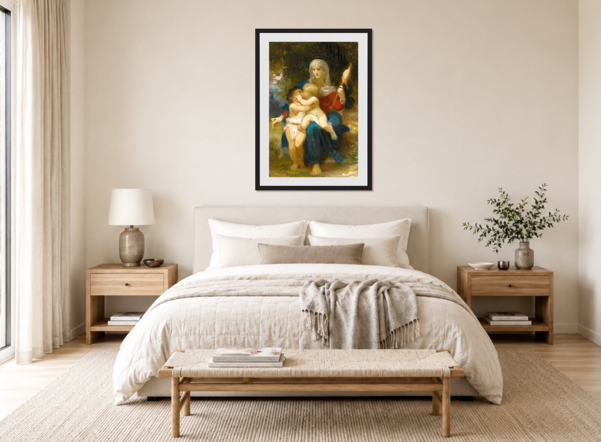 William-Adolphe Bouguereau Print, Study For Sainte Famille displayed above a bed