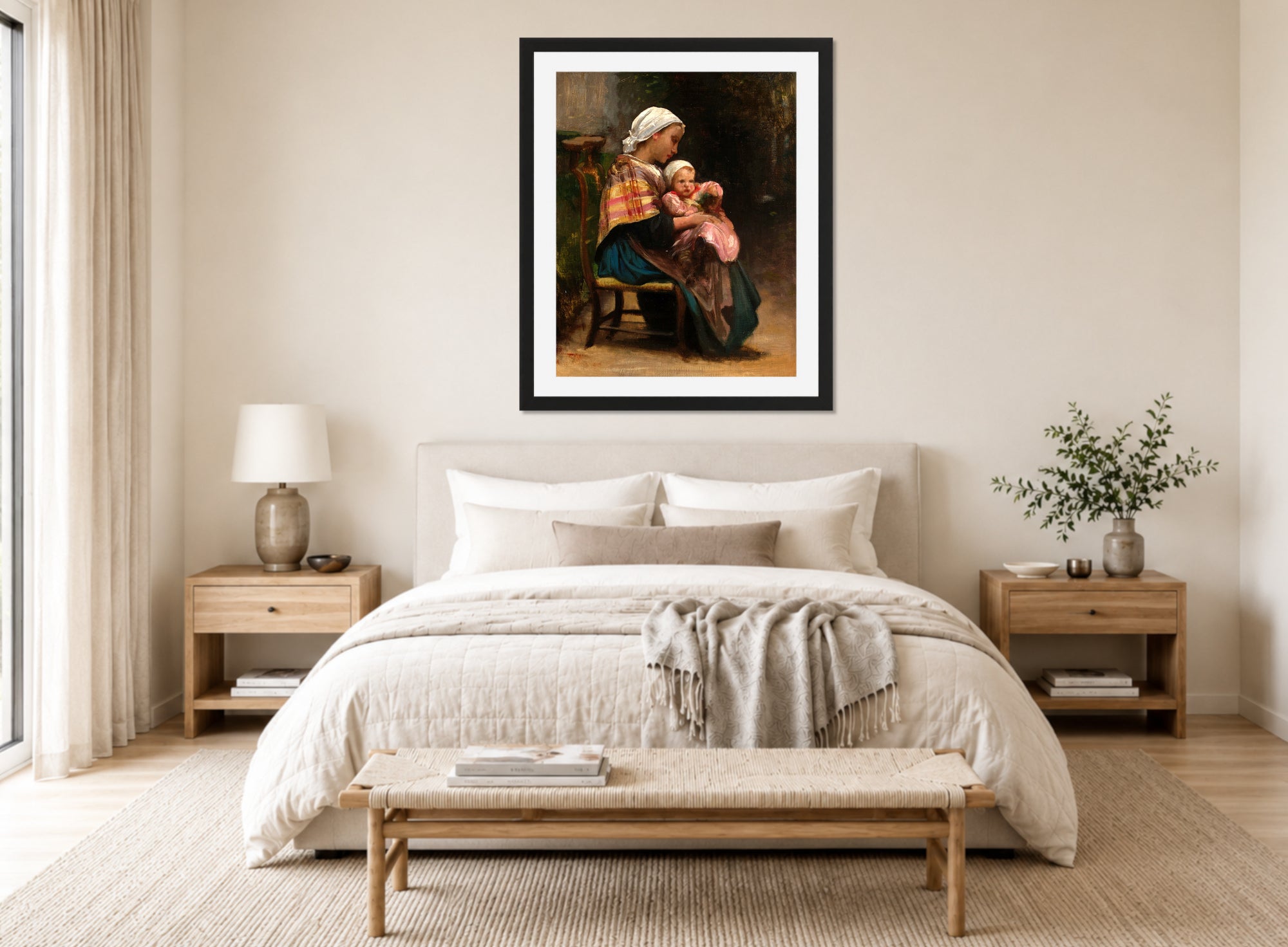 William-Adolphe Bouguereau Print, Study of a Mother and Child displayed above a bed