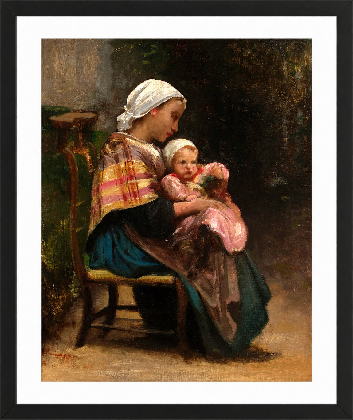 William-Adolphe Bouguereau Print, Study of a Mother and Child in a black frame