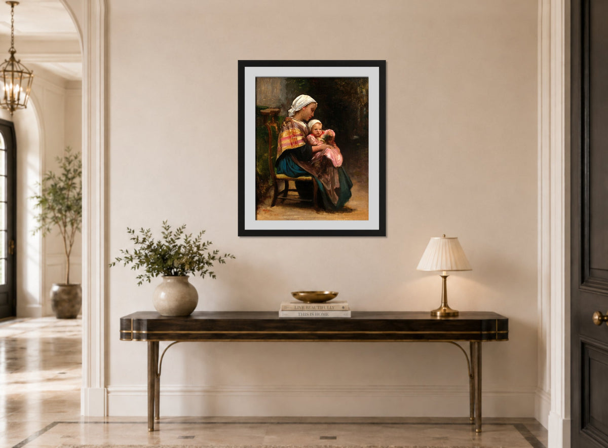 William-Adolphe Bouguereau Print, Study of a Mother and Child displayed above a console table