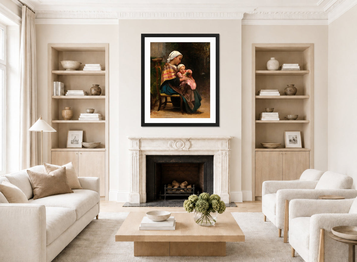 William-Adolphe Bouguereau Print, Study of a Mother and Child displayed in a Scandinavian living room