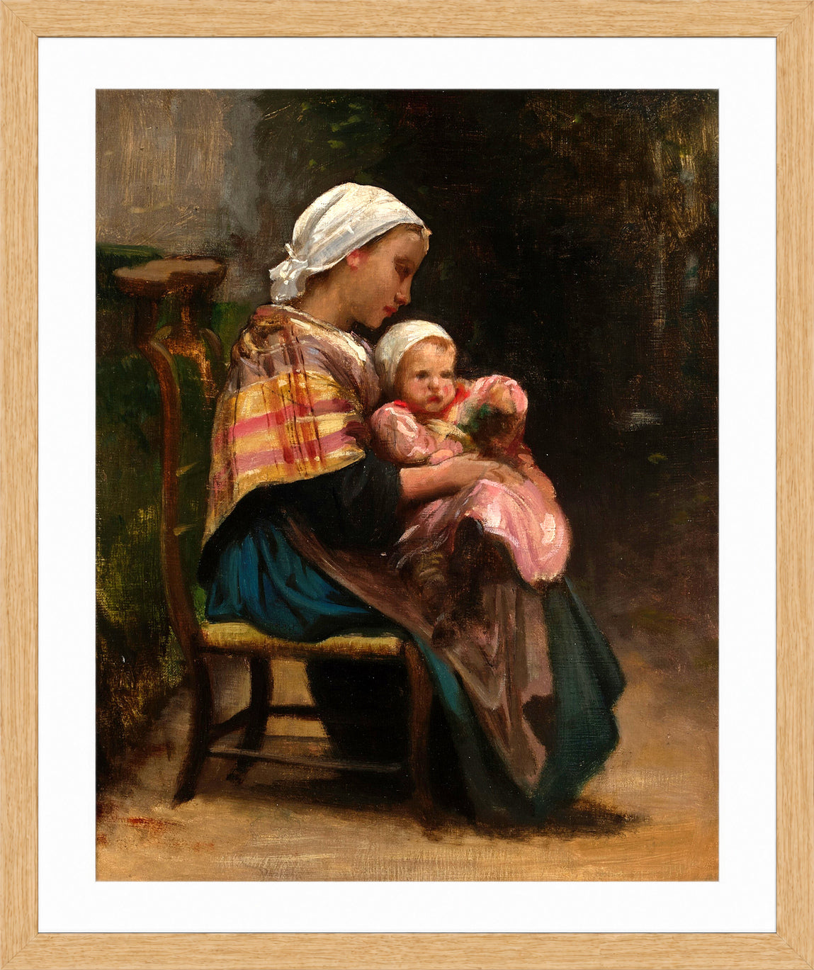 William-Adolphe Bouguereau Print, Study of a Mother and Child in a light oak frame