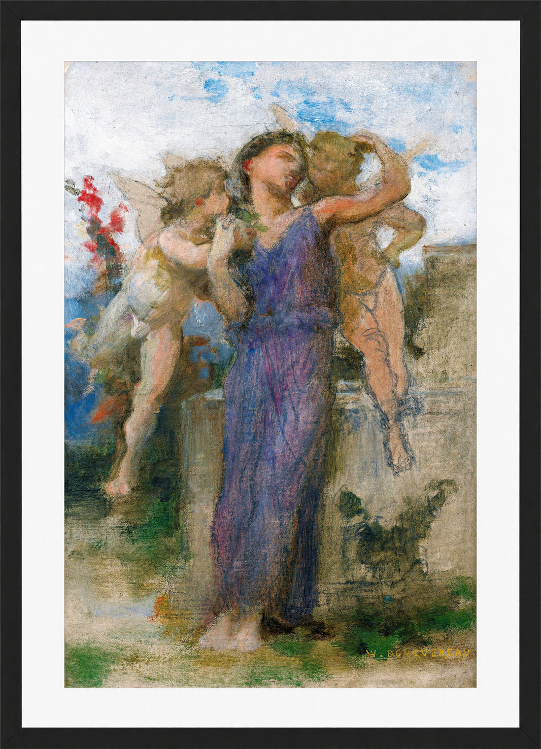 William-Adolphe Bouguereau Print, Tendres propos in a black frame