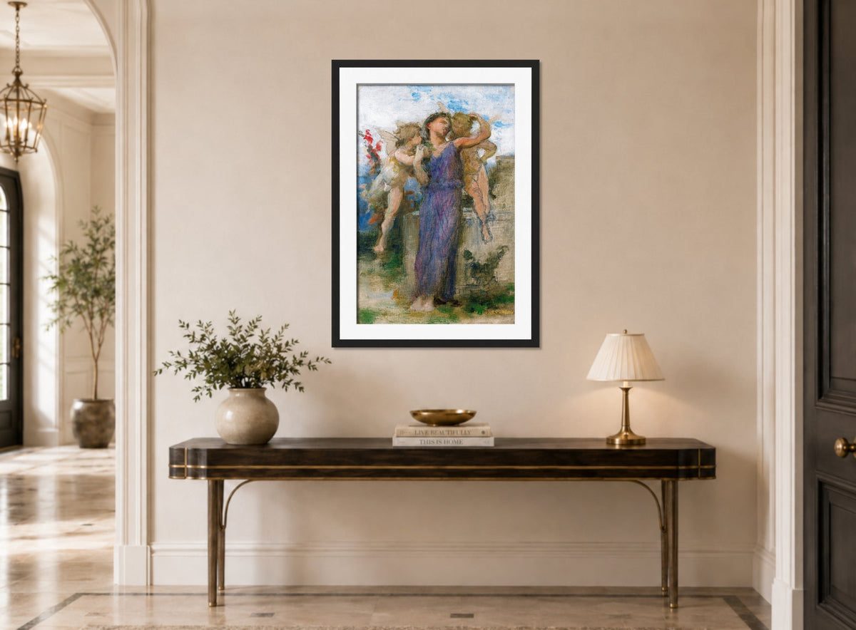 William-Adolphe Bouguereau Print, Tendres propos displayed above a console table