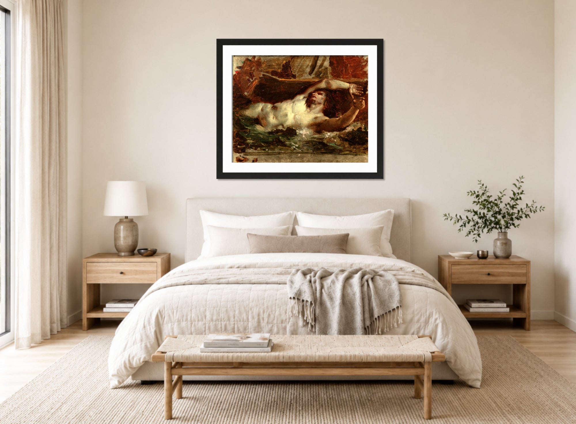 William-Adolphe Bouguereau Print, The Barque of Dante (After Delacroix) displayed above a bed