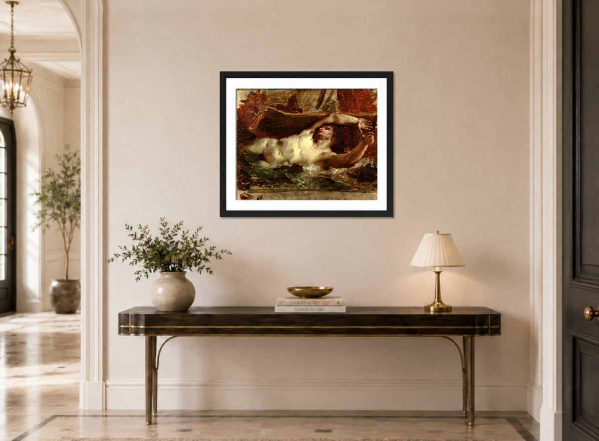 William-Adolphe Bouguereau Print, The Barque of Dante (After Delacroix) displayed above a console table