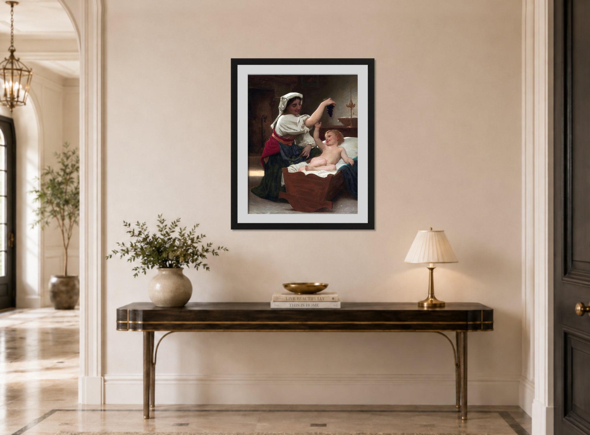 William-Adolphe Bouguereau Print, The Bunch Of Grape (1868) displayed above a console table