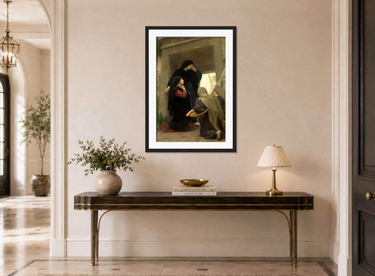 William-Adolphe Bouguereau Print, The Holy Women at the Tomb (1890) displayed above a console table