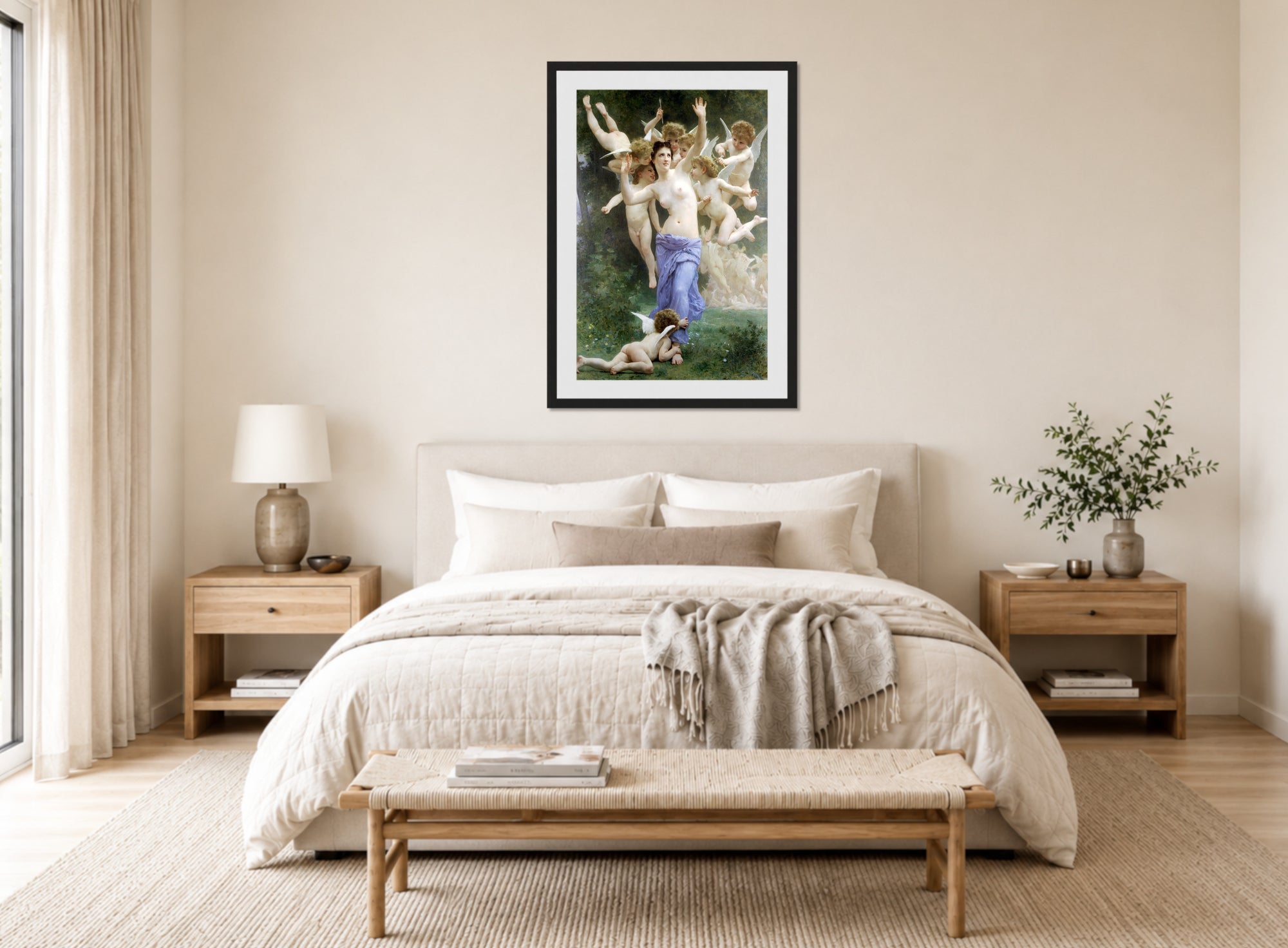 William-Adolphe Bouguereau Print, The Invasion (1892) displayed above a bed