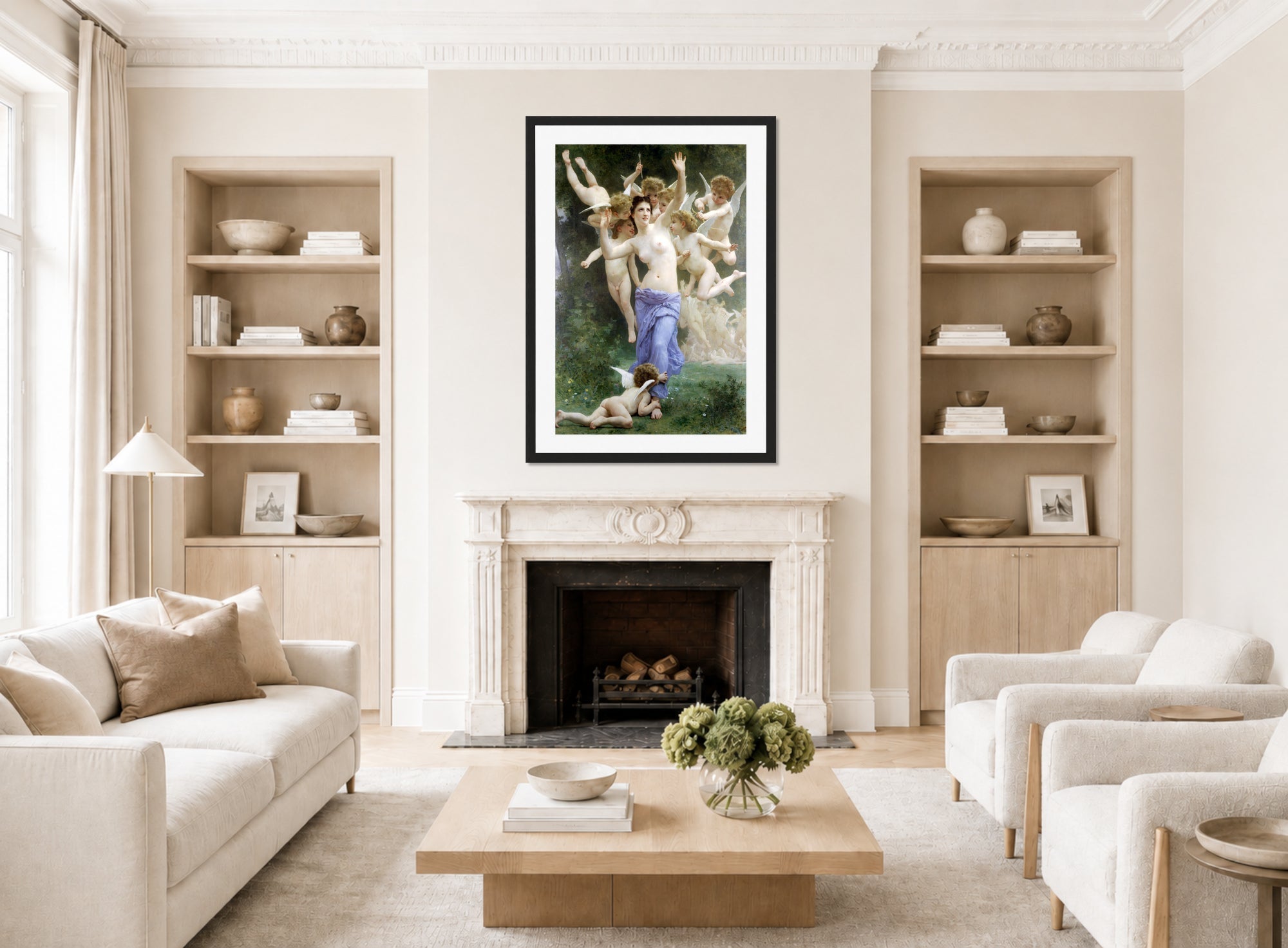 William-Adolphe Bouguereau Print, The Invasion (1892) displayed in a Scandinavian living room