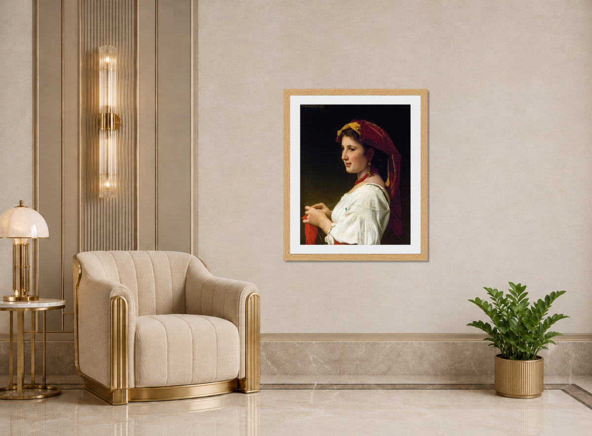 William-Adolphe Bouguereau Print, The Little Knitter (1881) displayed in an Art Deco interior