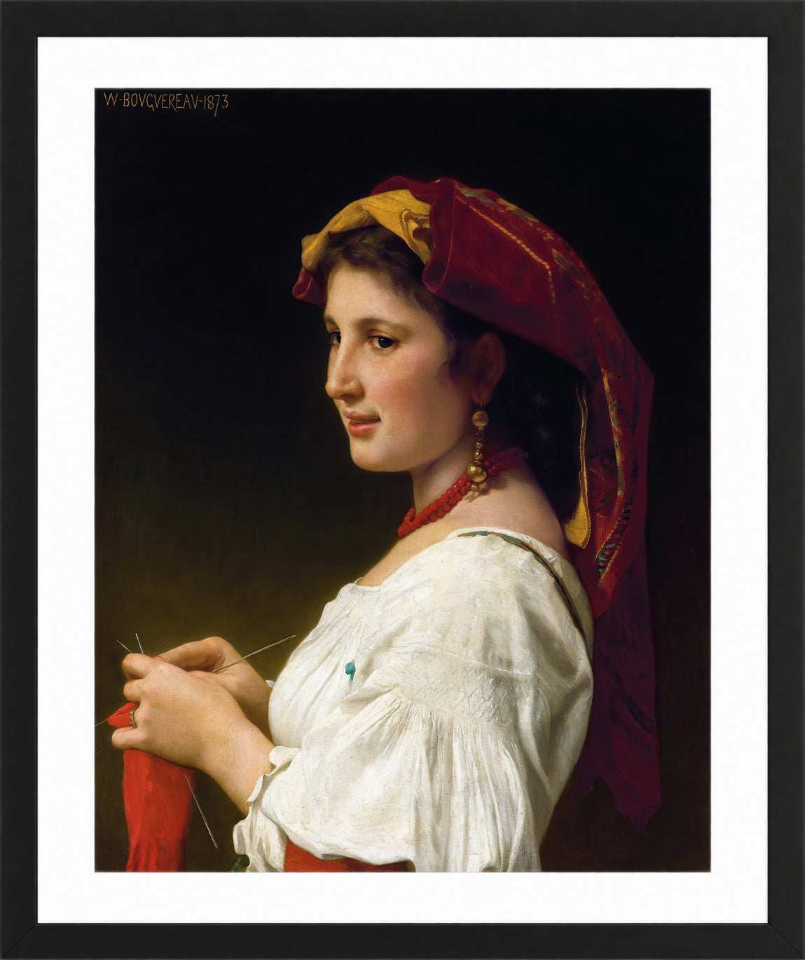 William-Adolphe Bouguereau Print, The Little Knitter (1881) in a black frame