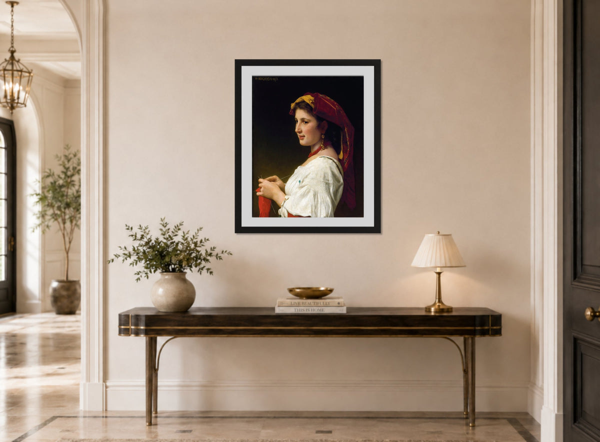 William-Adolphe Bouguereau Print, The Little Knitter (1881) displayed above a console table