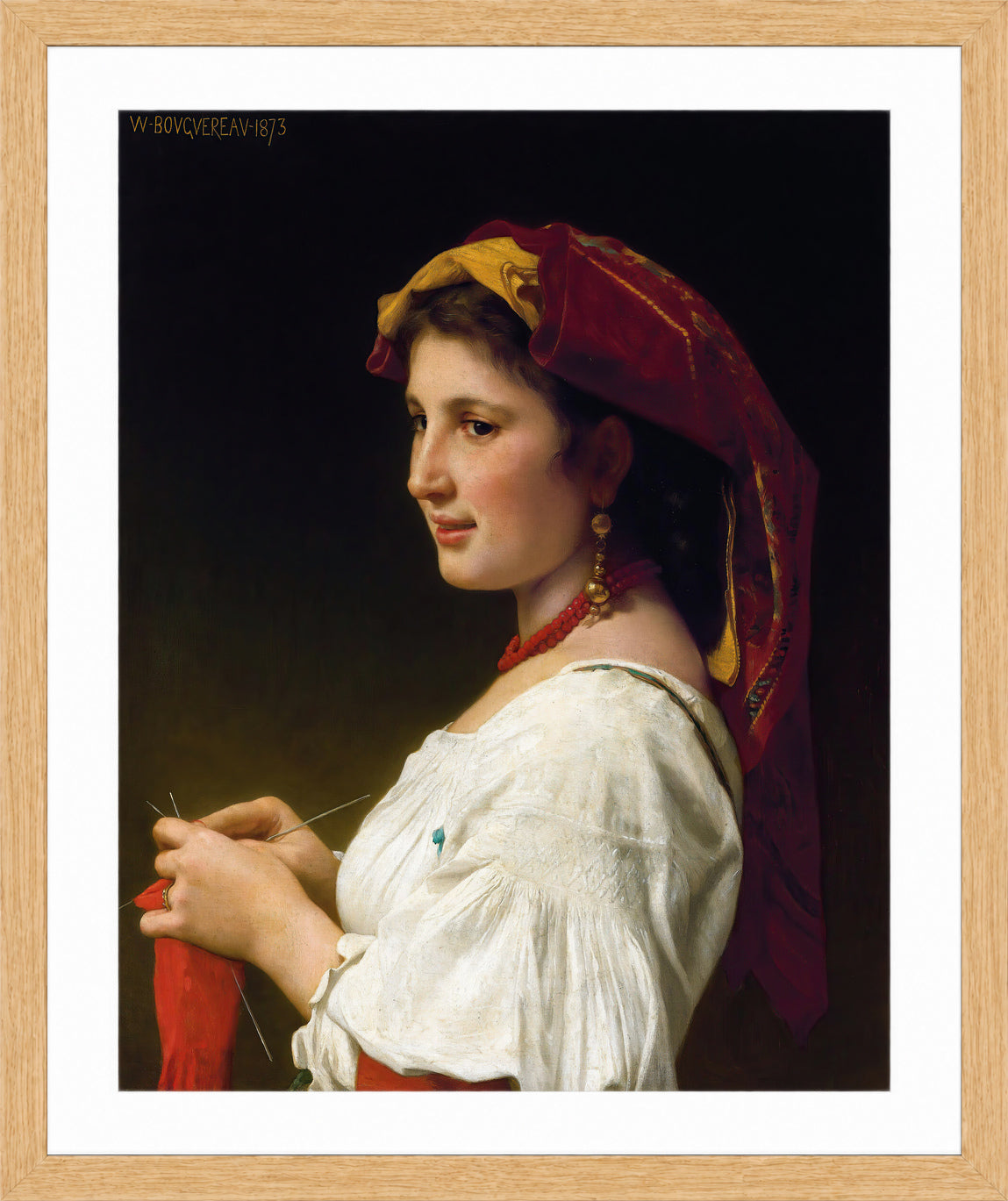 William-Adolphe Bouguereau Print, The Little Knitter (1881) in a light oak frame