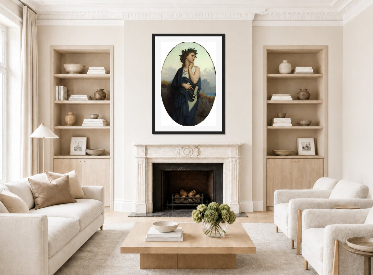 William-Adolphe Bouguereau Print, The Muse (Philomèle) (1861) displayed in a Scandinavian living room