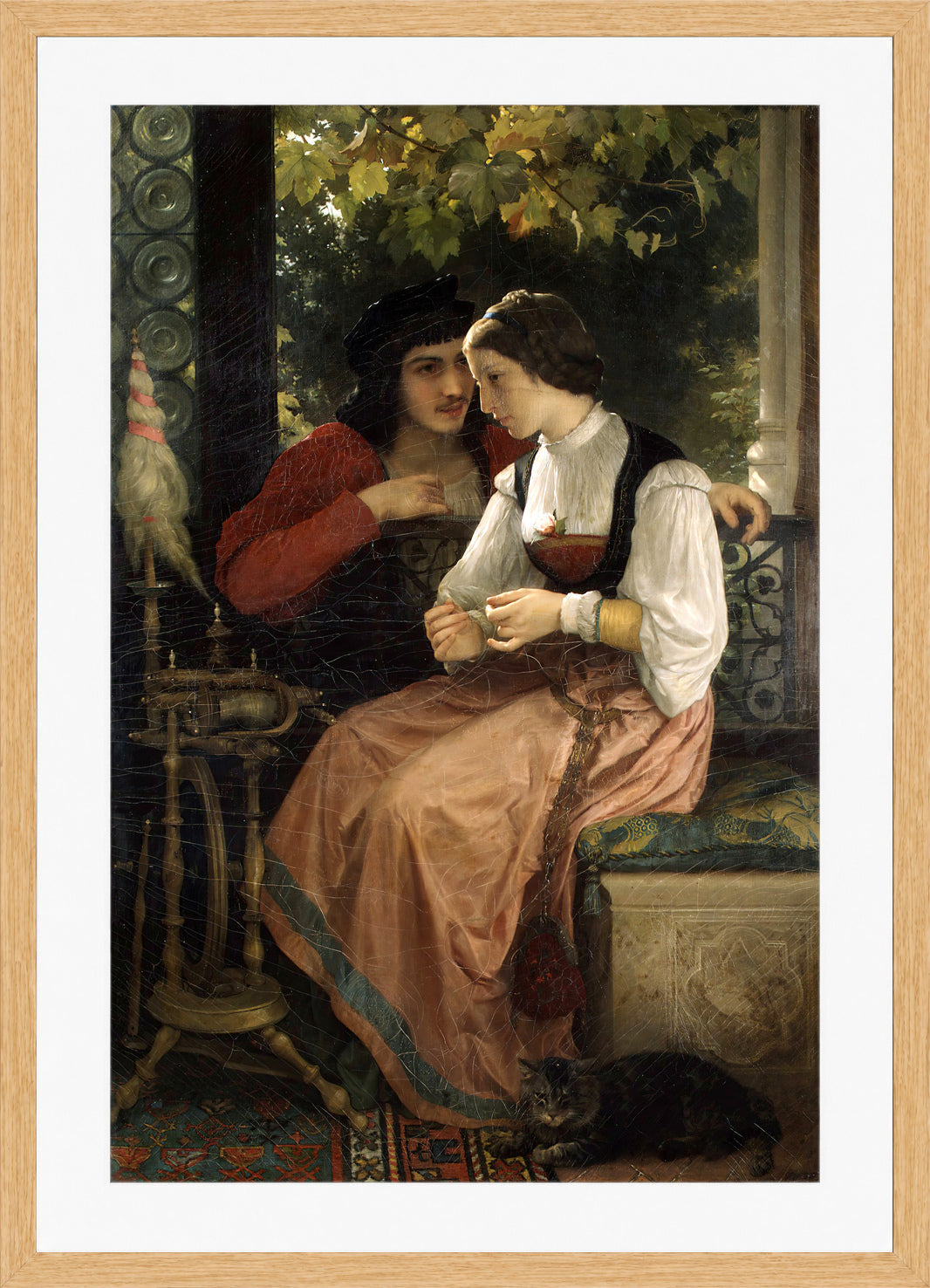 William-Adolphe Bouguereau Print, The Proposal (1872) in a light oak frame