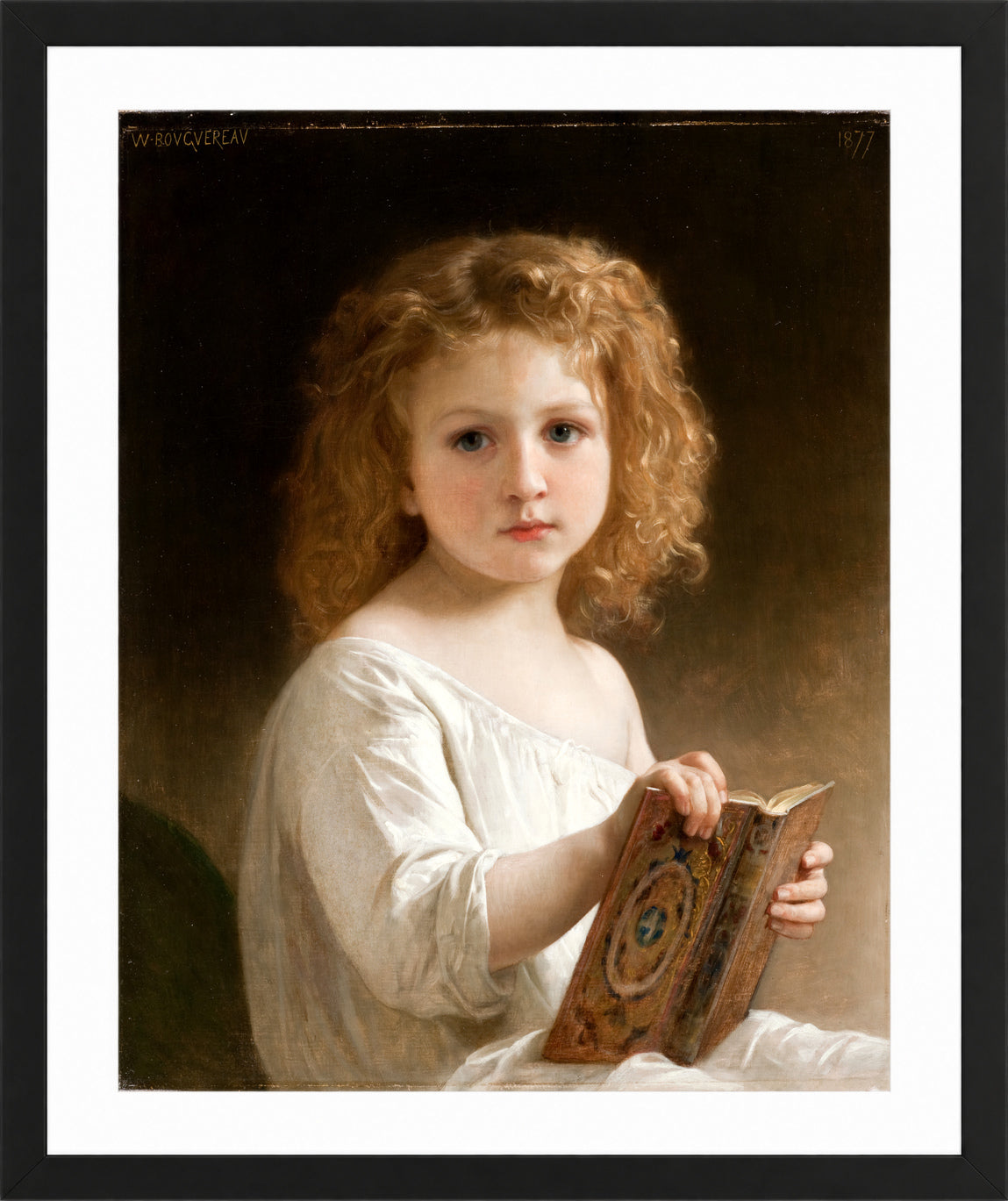 William-Adolphe Bouguereau Print, The Story Book (1877) in a black frame