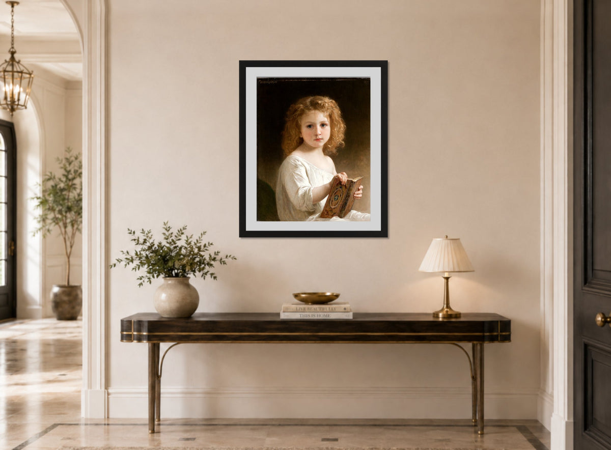 William-Adolphe Bouguereau Print, The Story Book (1877) displayed above a console table