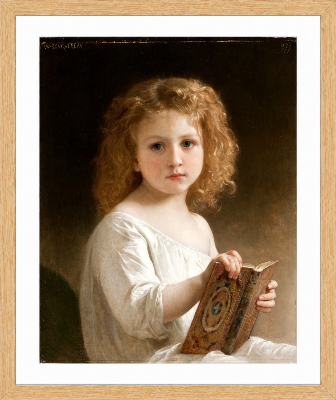 William-Adolphe Bouguereau Print, The Story Book (1877) in a light oak frame