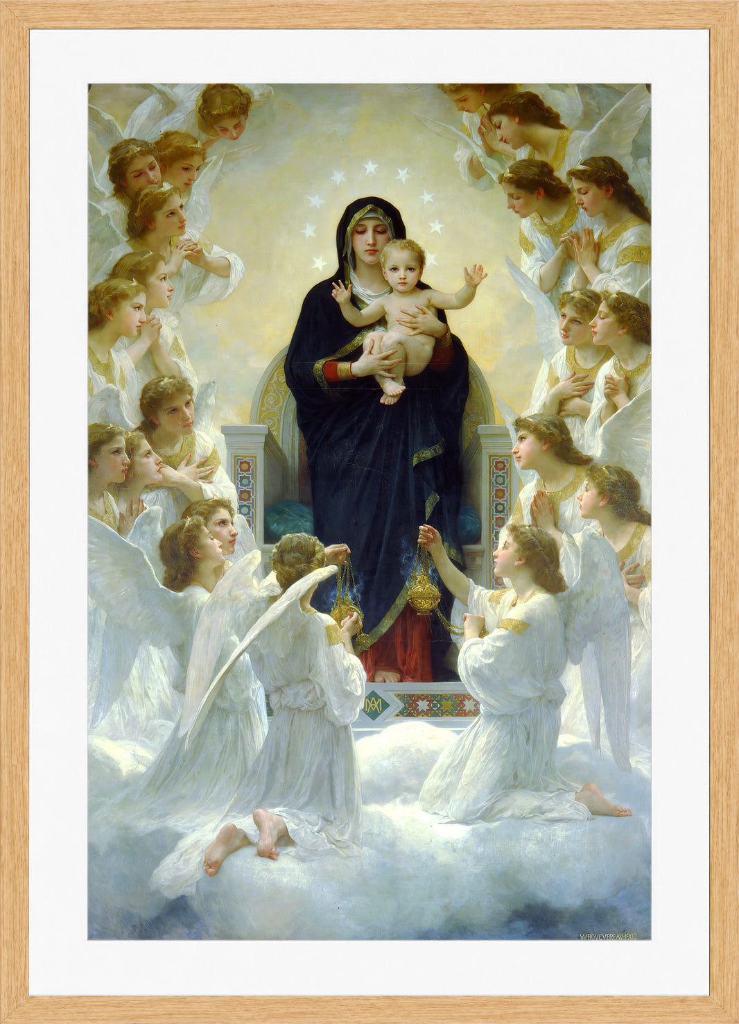 William-Adolphe Bouguereau Print, The Virgin With Angels (1900) in a light oak frame