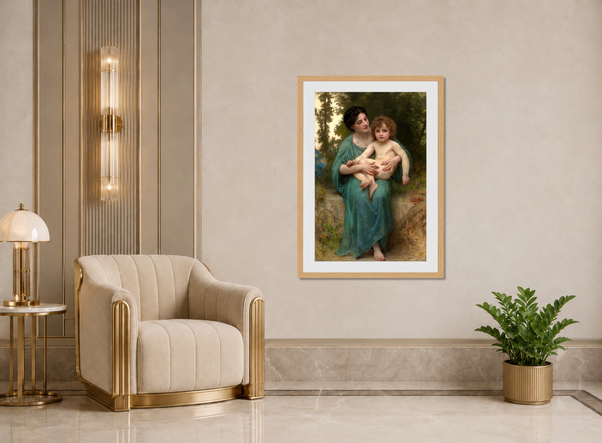 William-Adolphe Bouguereau Print, The Younger Brother (1903) displayed in an Art Deco interior