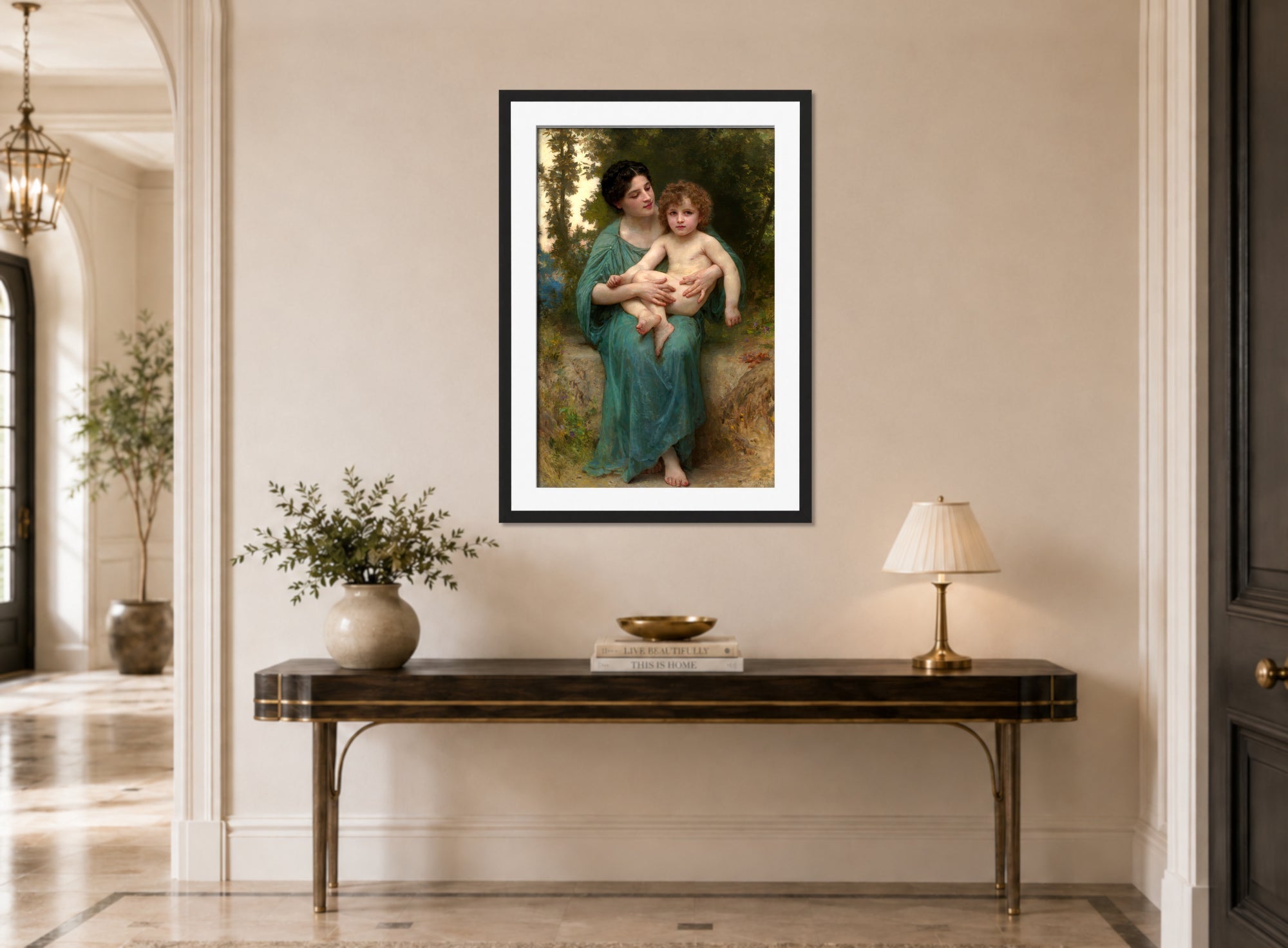 William-Adolphe Bouguereau Print, The Younger Brother (1903) displayed above a console table