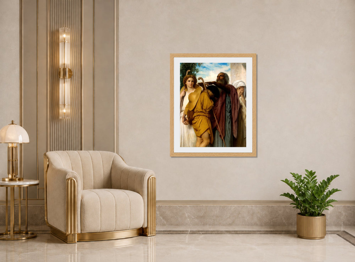 William-Adolphe Bouguereau Print, Tobias Saying Good-Bye To His Father (1860) displayed in an Art Deco interior