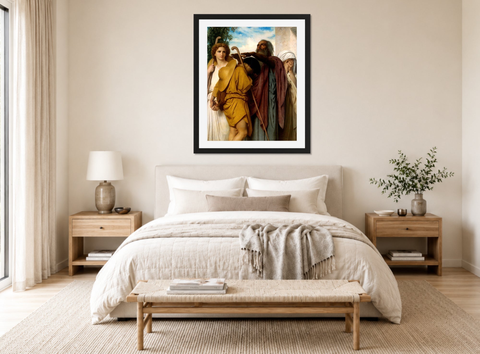 William-Adolphe Bouguereau Print, Tobias Saying Good-Bye To His Father (1860) displayed above a bed