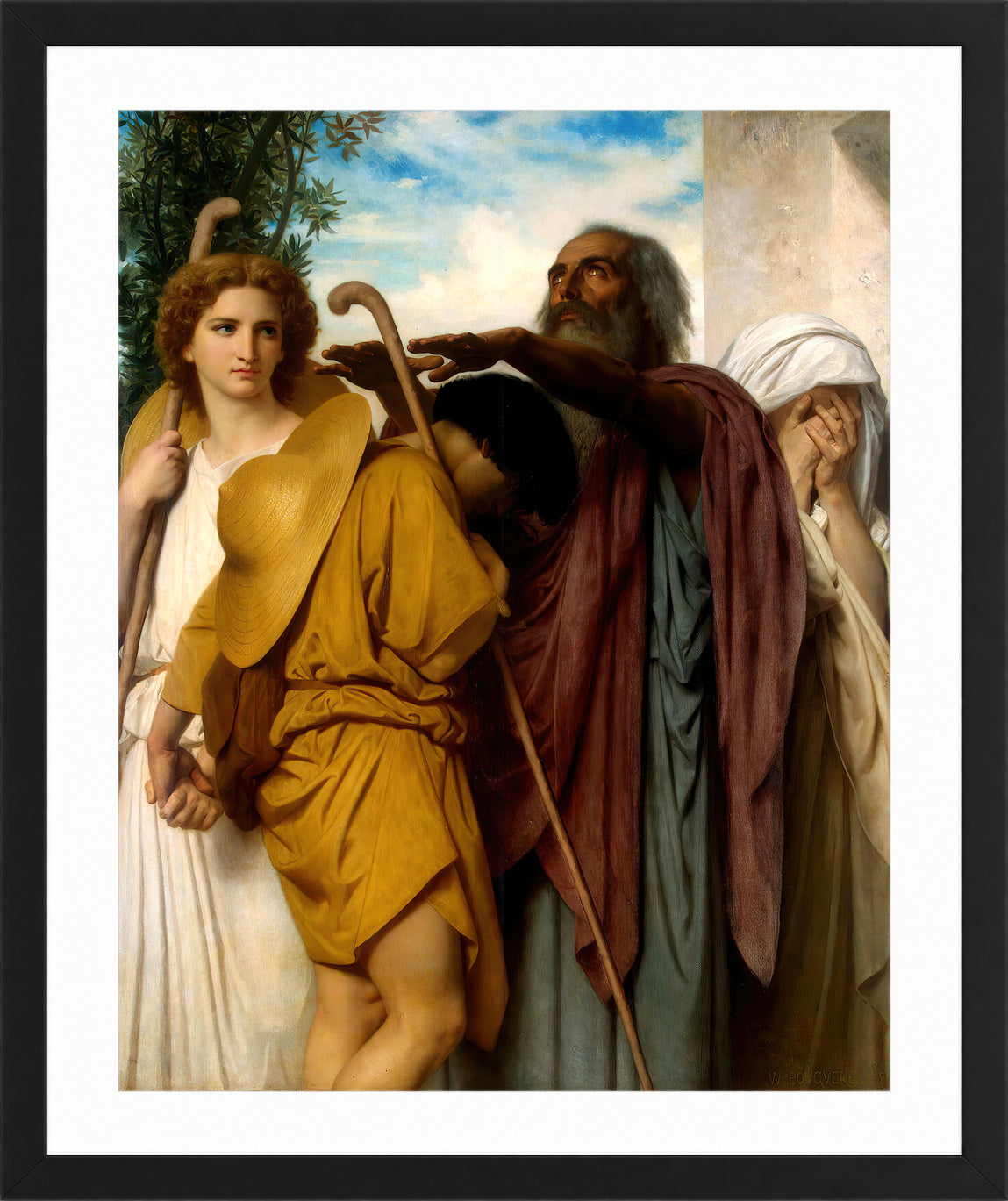 William-Adolphe Bouguereau Print, Tobias Saying Good-Bye To His Father (1860) in a black frame