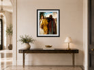 William-Adolphe Bouguereau Print, Tobias Saying Good-Bye To His Father (1860) displayed above a console table