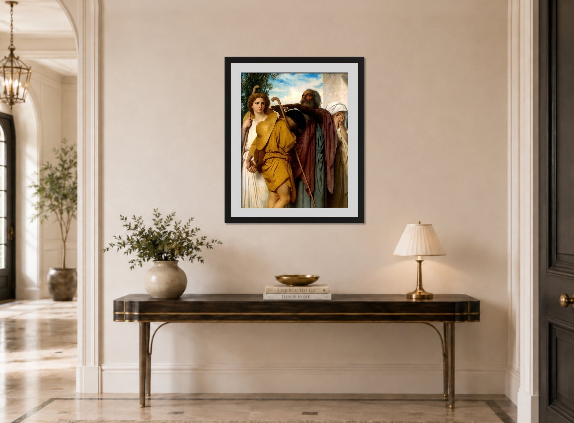 William-Adolphe Bouguereau Print, Tobias Saying Good-Bye To His Father (1860) displayed above a console table