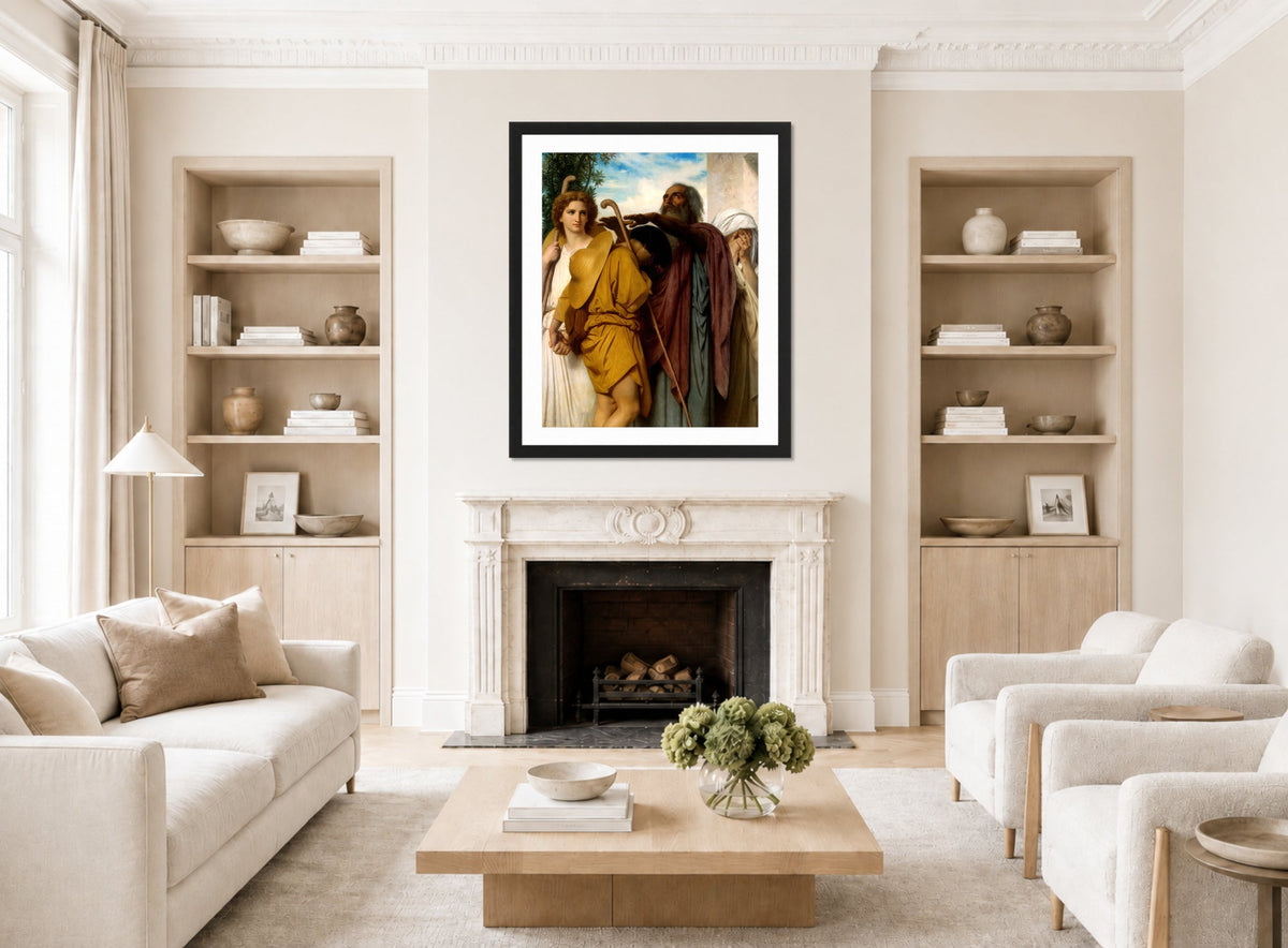 William-Adolphe Bouguereau Print, Tobias Saying Good-Bye To His Father (1860) displayed in a Scandinavian living room