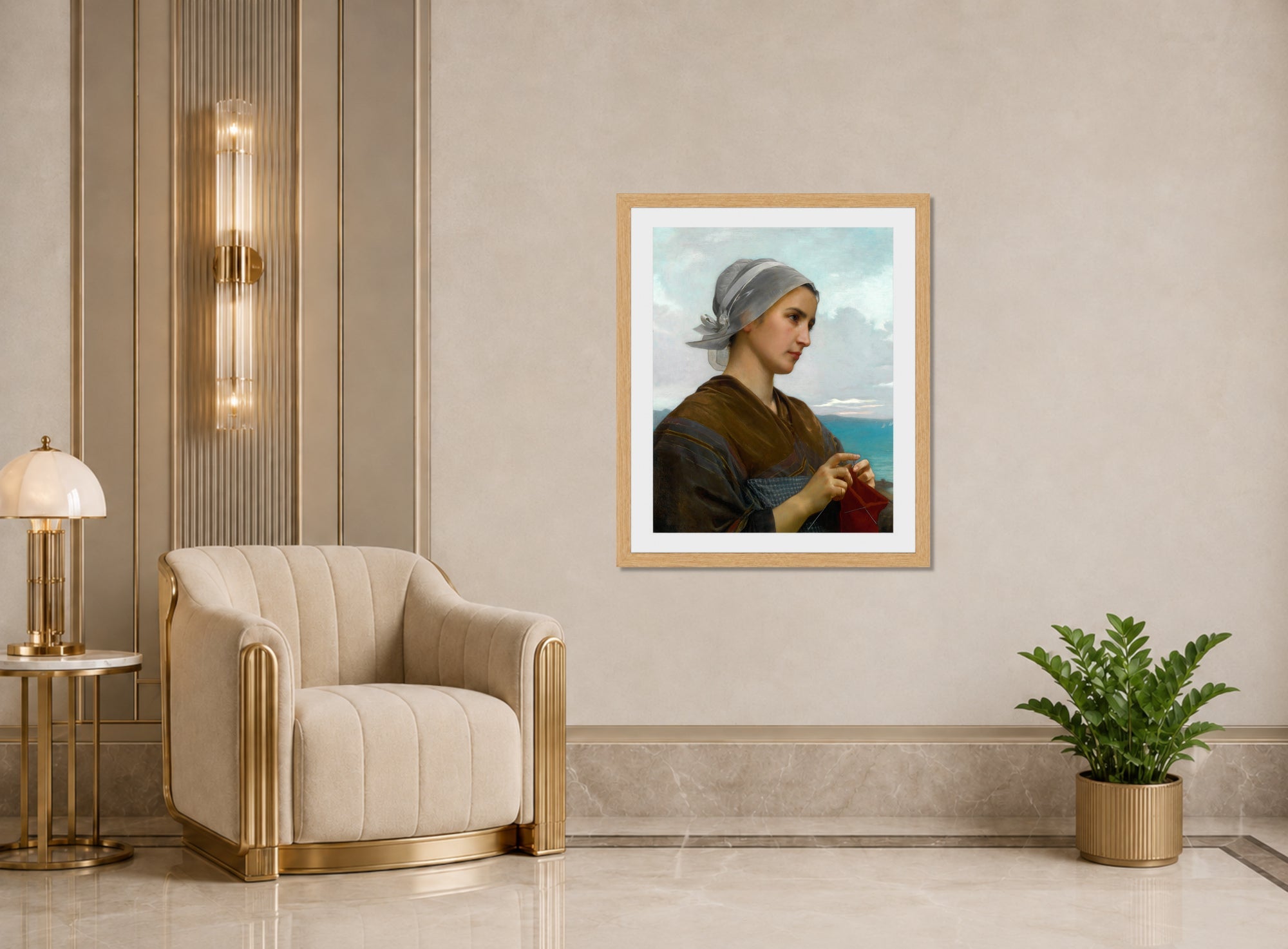 William-Adolphe Bouguereau Print, Tricoteuse Bretonne (1871) displayed in an Art Deco interior