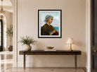 William-Adolphe Bouguereau Print, Tricoteuse Bretonne (1871) displayed above a console table