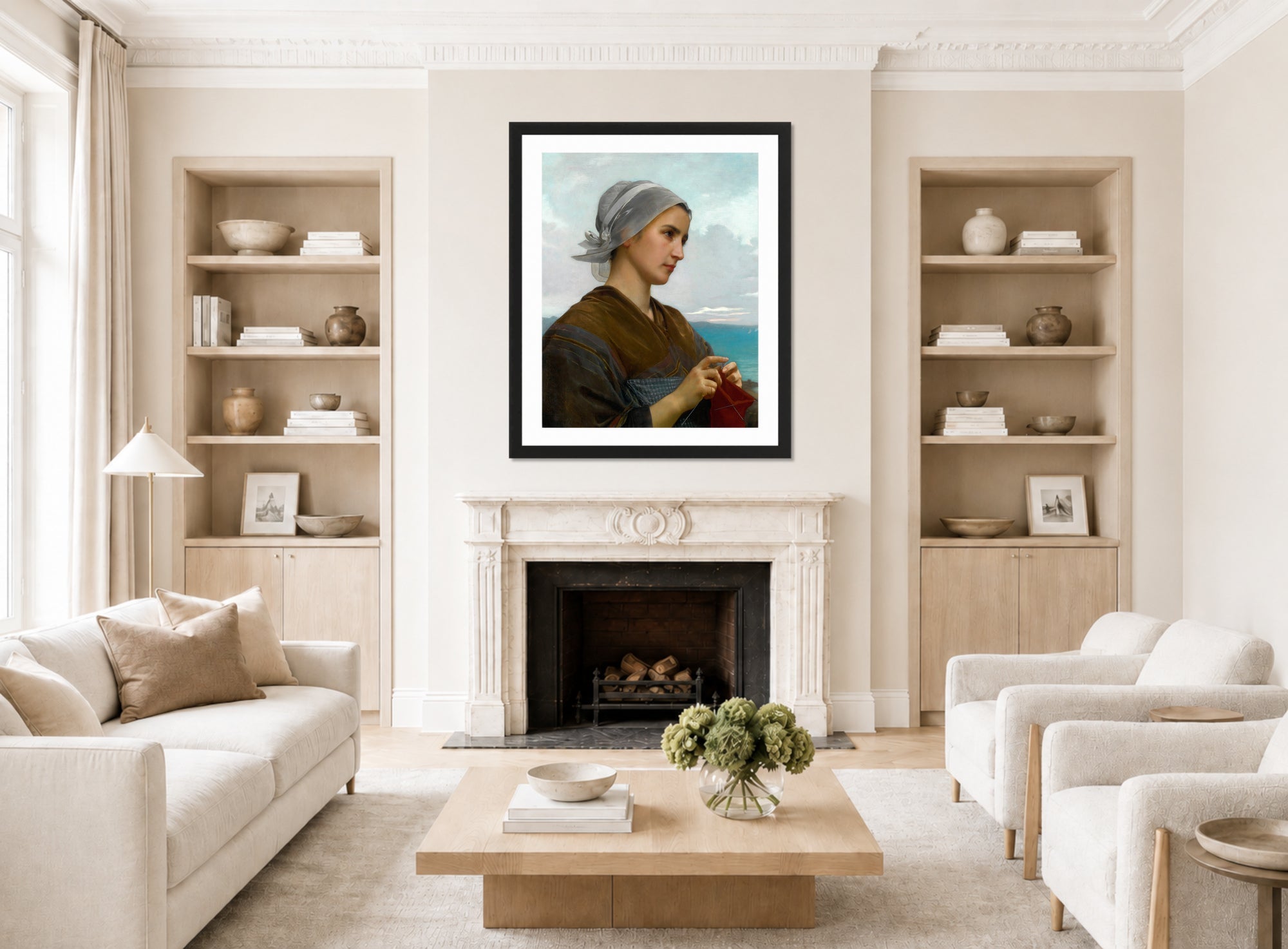 William-Adolphe Bouguereau Print, Tricoteuse Bretonne (1871) displayed in a Scandinavian living room