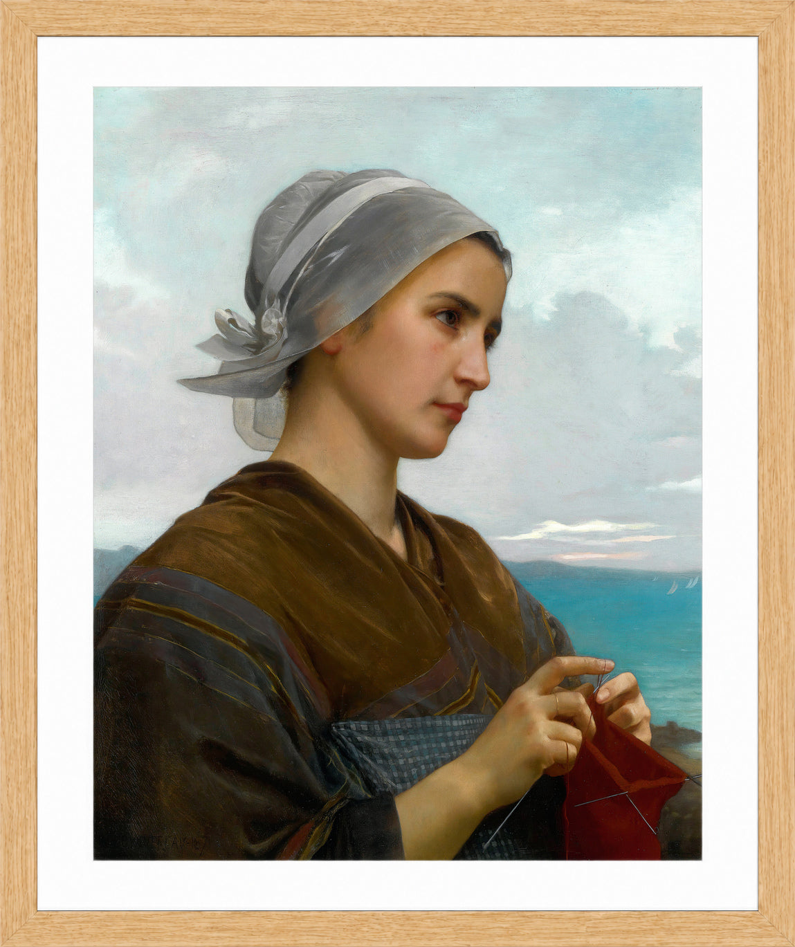 William-Adolphe Bouguereau Print, Tricoteuse Bretonne (1871) in a light oak frame