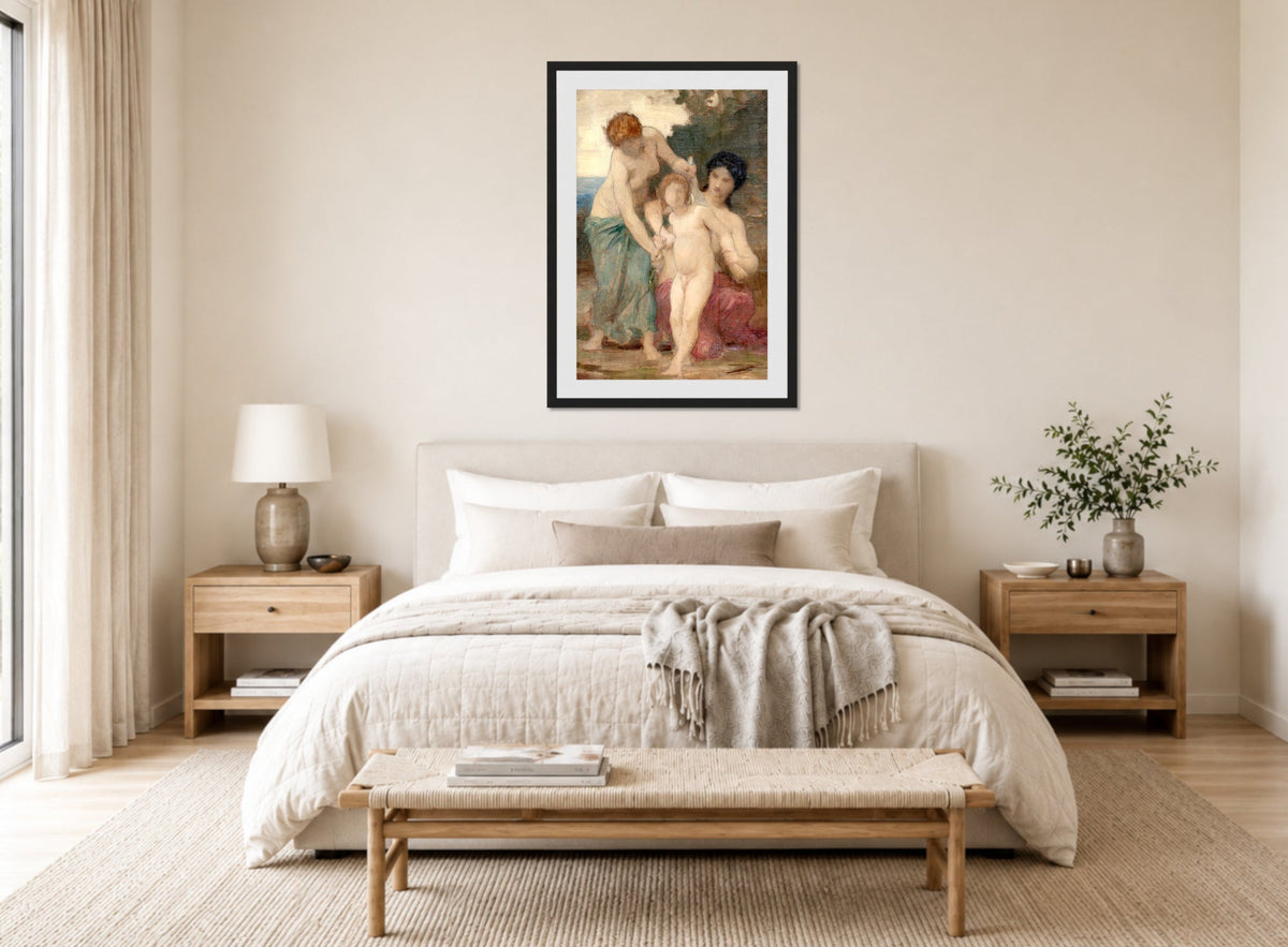 William-Adolphe Bouguereau Print, Two women & putto displayed above a bed