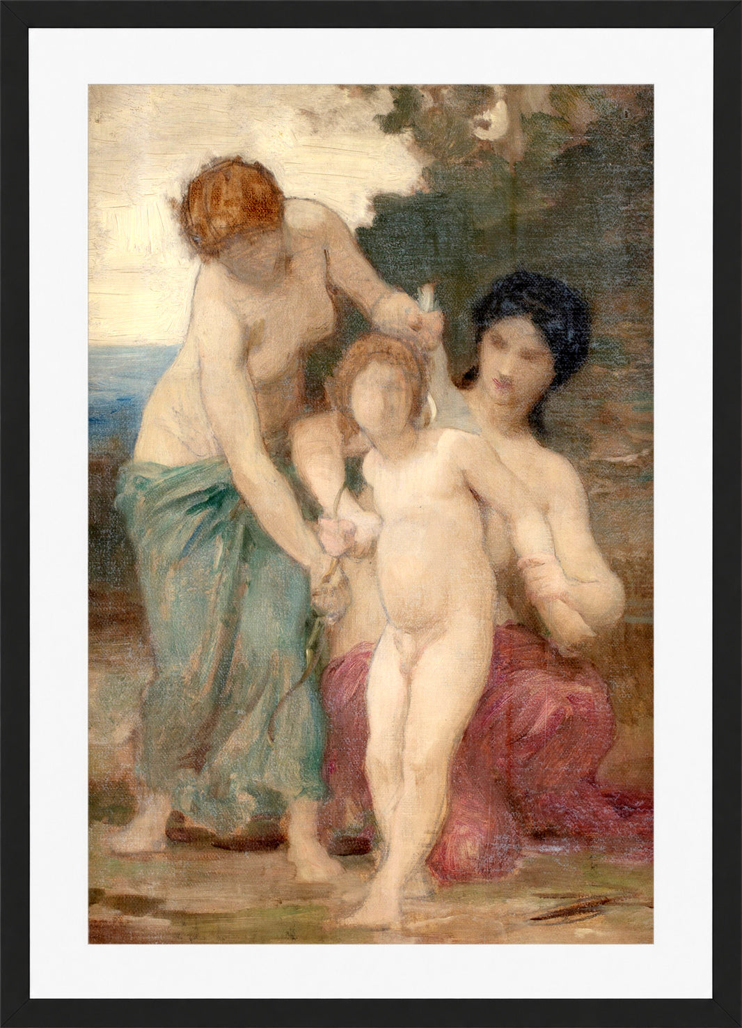 William-Adolphe Bouguereau Print, Two women & putto in a black frame