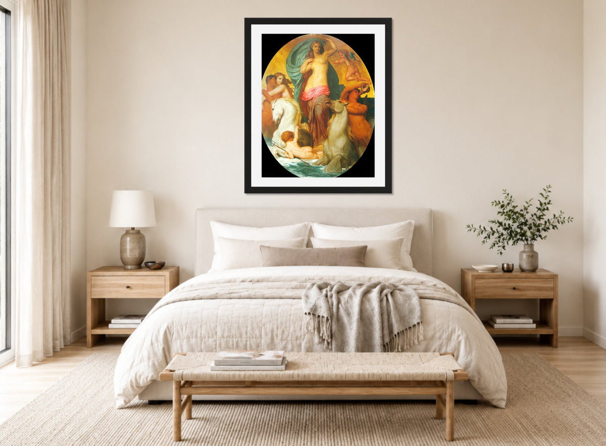 William-Adolphe Bouguereau Print, Venus Triumphant (1857) displayed above a bed