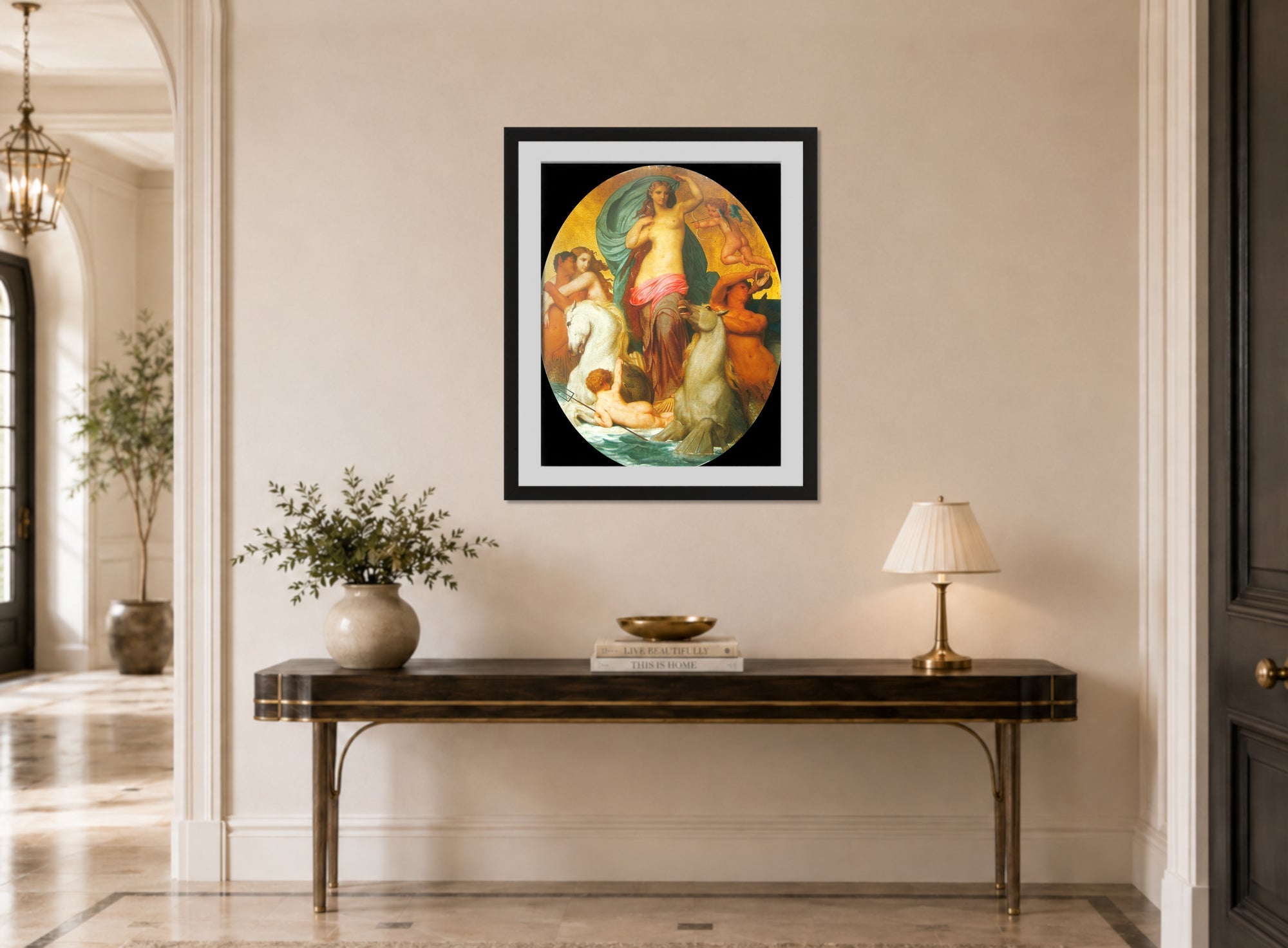 William-Adolphe Bouguereau Print, Venus Triumphant (1857) displayed above a console table