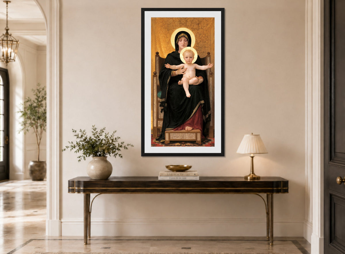 William-Adolphe Bouguereau Print, Virgin and Child (1888) displayed above a console table