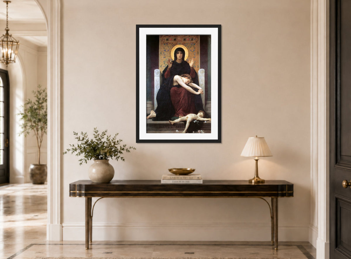William-Adolphe Bouguereau Print, Virgin Comforter (1875) displayed above a console table