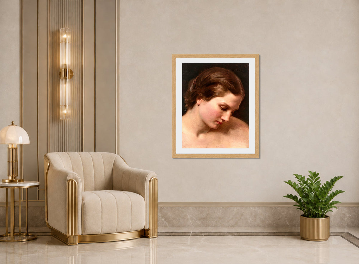 William-Adolphe Bouguereau Print, Visage de femme de profil displayed in an Art Deco interior