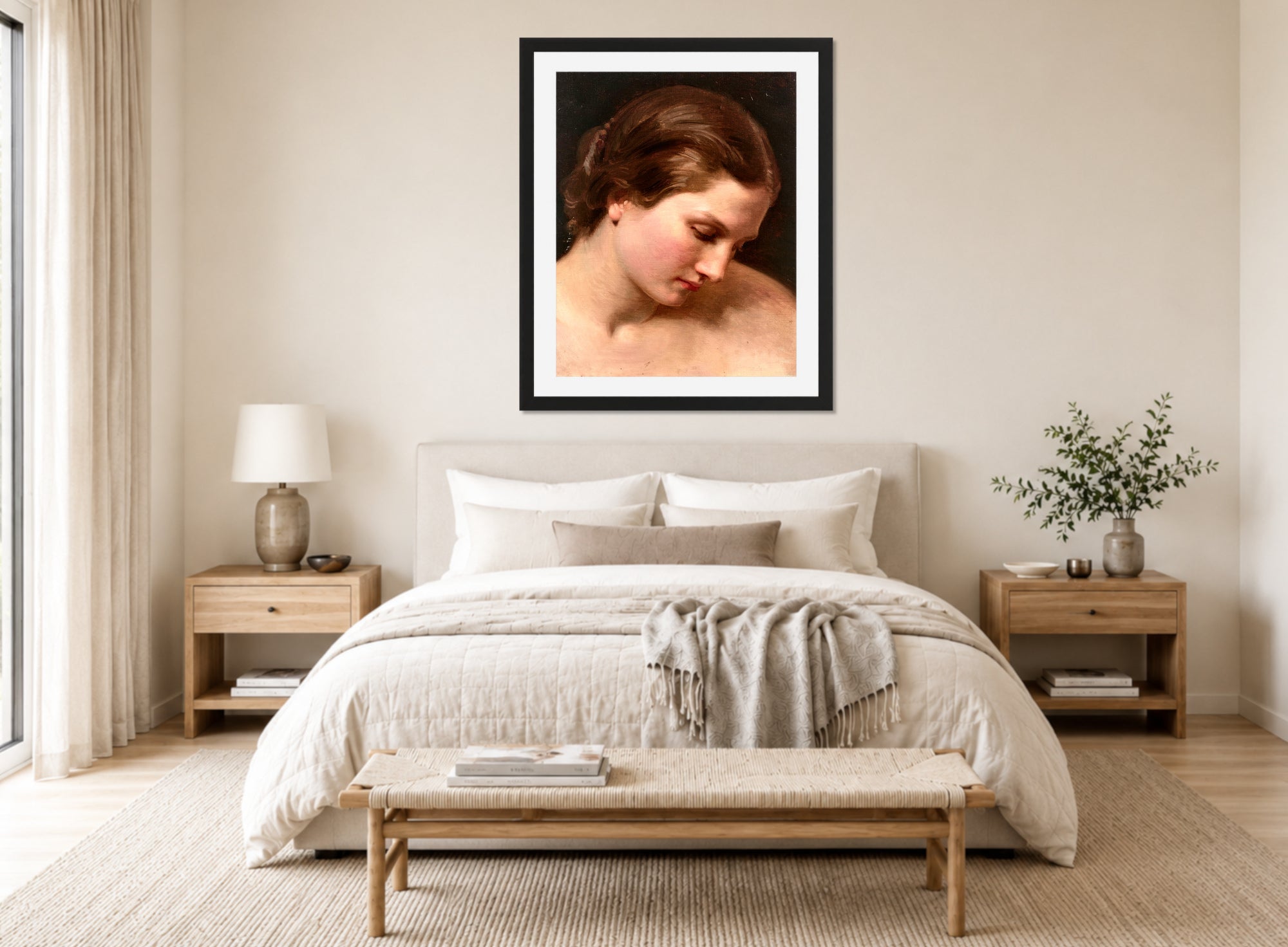 William-Adolphe Bouguereau Print, Visage de femme de profil displayed above a bed