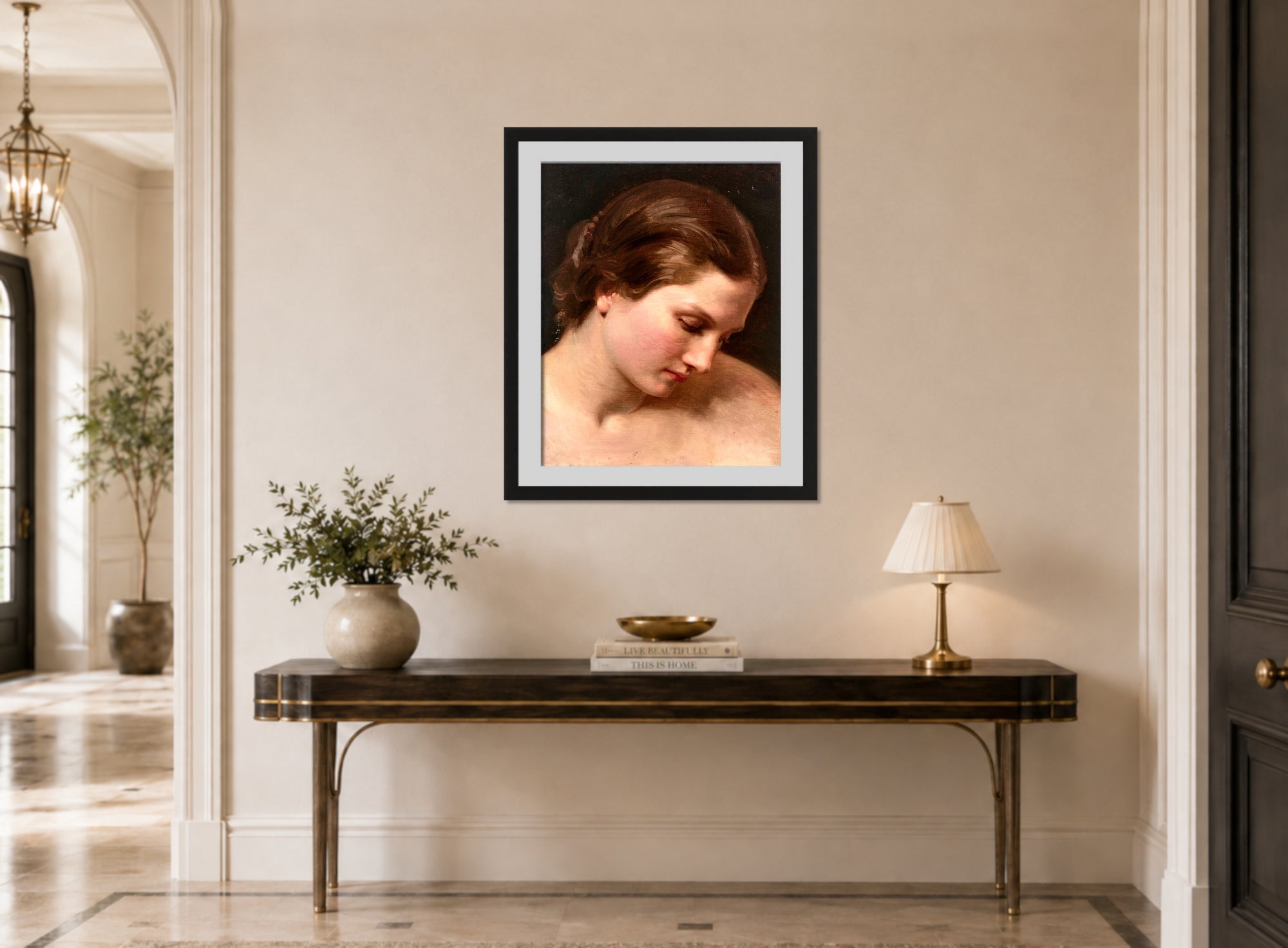 William-Adolphe Bouguereau Print, Visage de femme de profil displayed above a console table