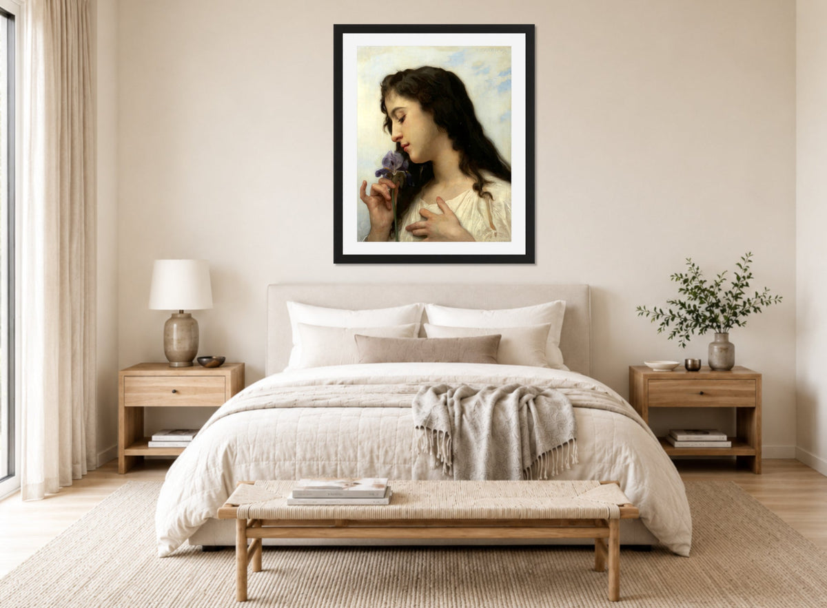 William-Adolphe Bouguereau Print, Woman with Iris (1895) displayed above a bed