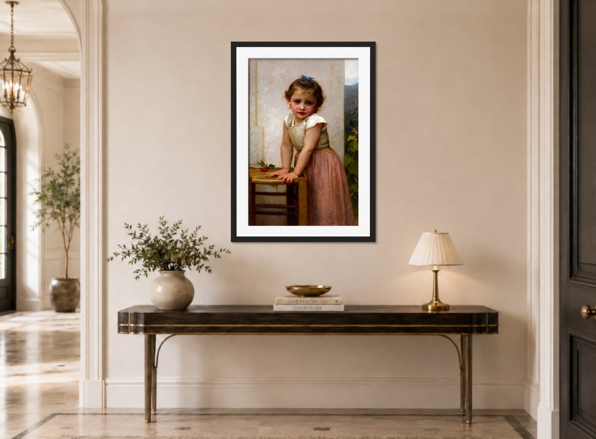William-Adolphe Bouguereau Print, Yvonne (1896) displayed above a console table