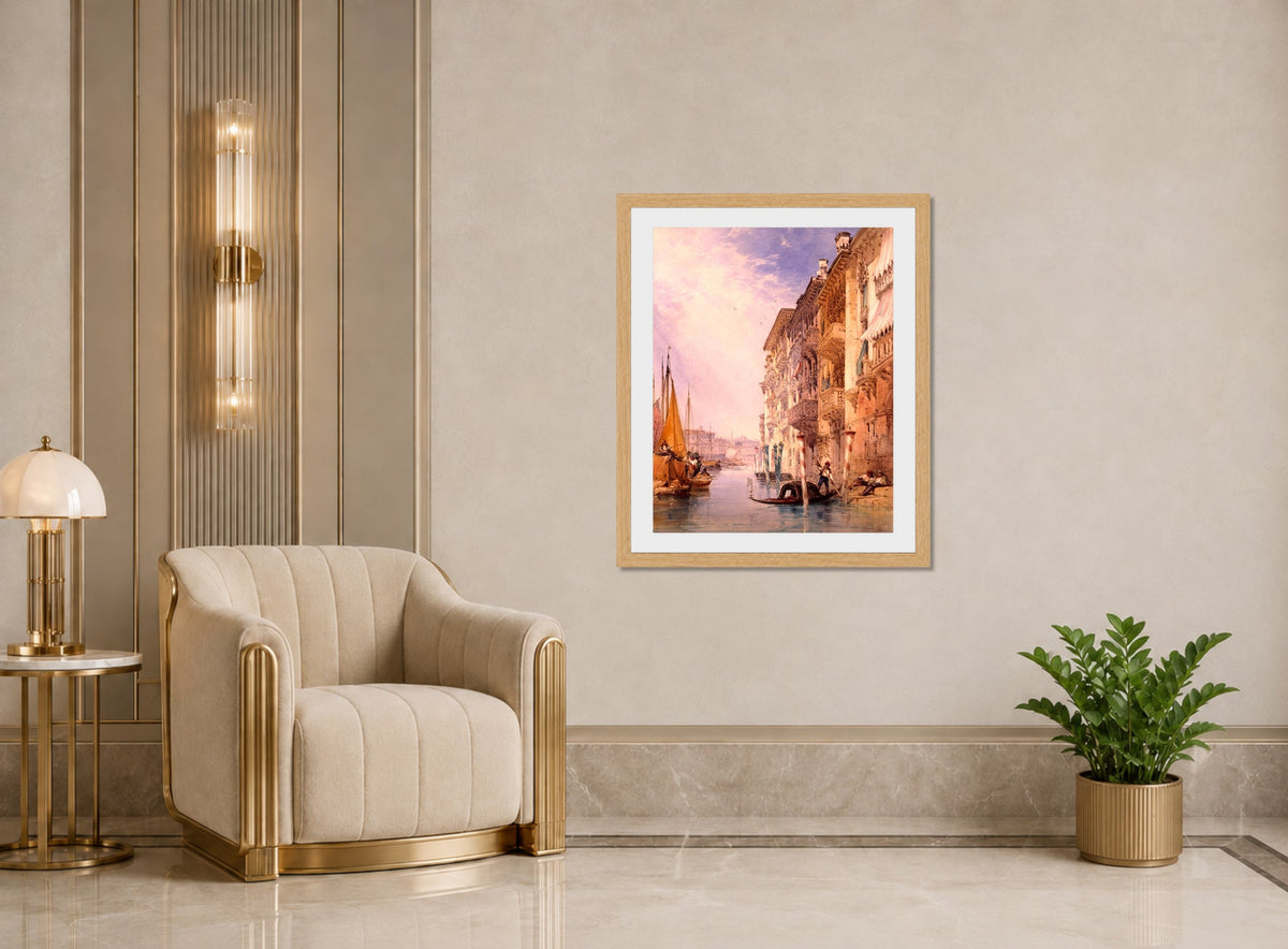 William Callow Print, A Gondola on the Grand Canal, Venice (1866) displayed in an Art Deco interior