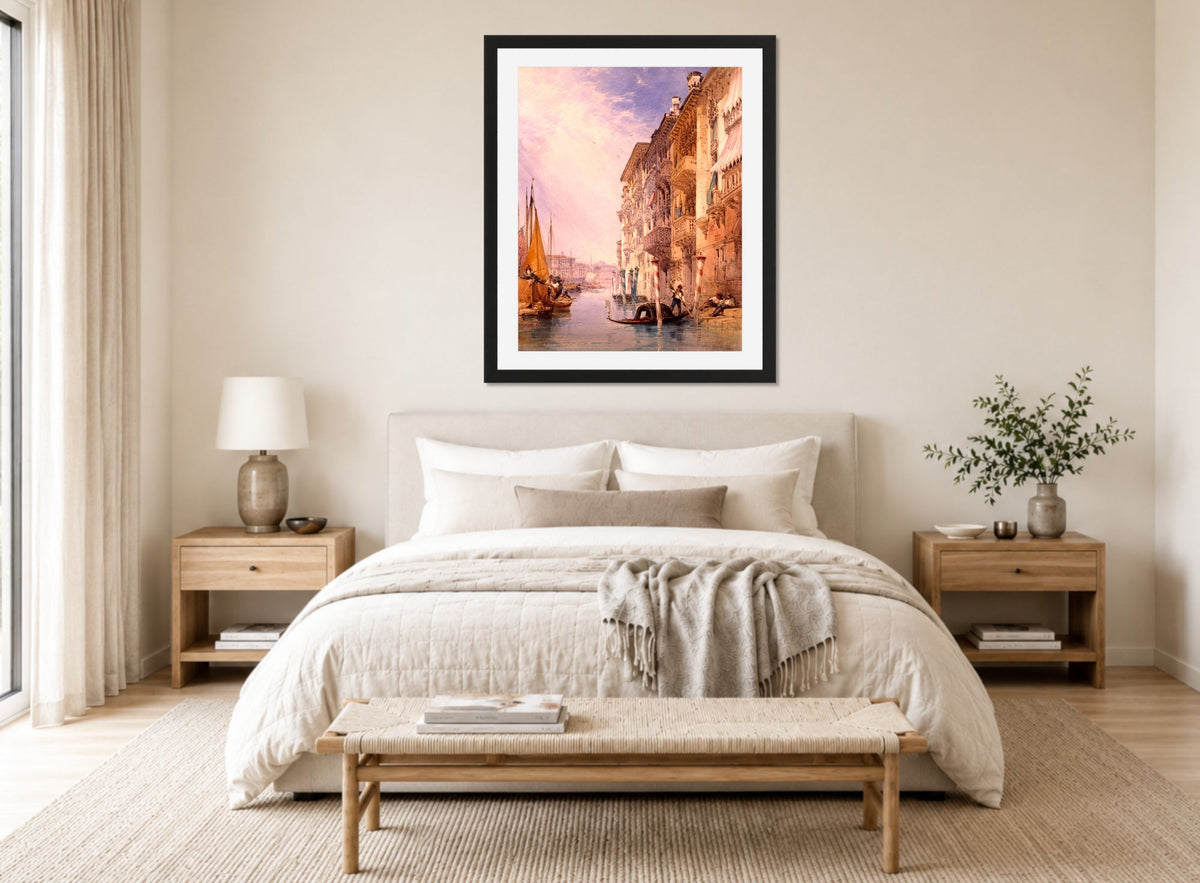 William Callow Print, A Gondola on the Grand Canal, Venice (1866) displayed above a bed